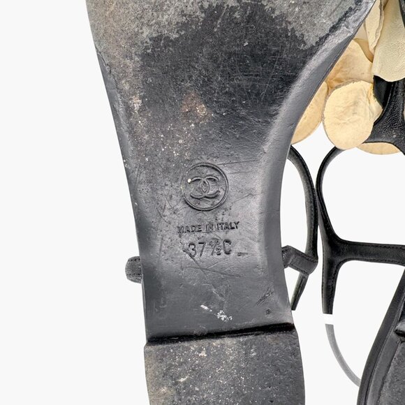 Chanel Camellia Flower CC Sandals Size 37.5C US 6.5-7 Black Leather Flat T-Strap - Picture 13 of 14